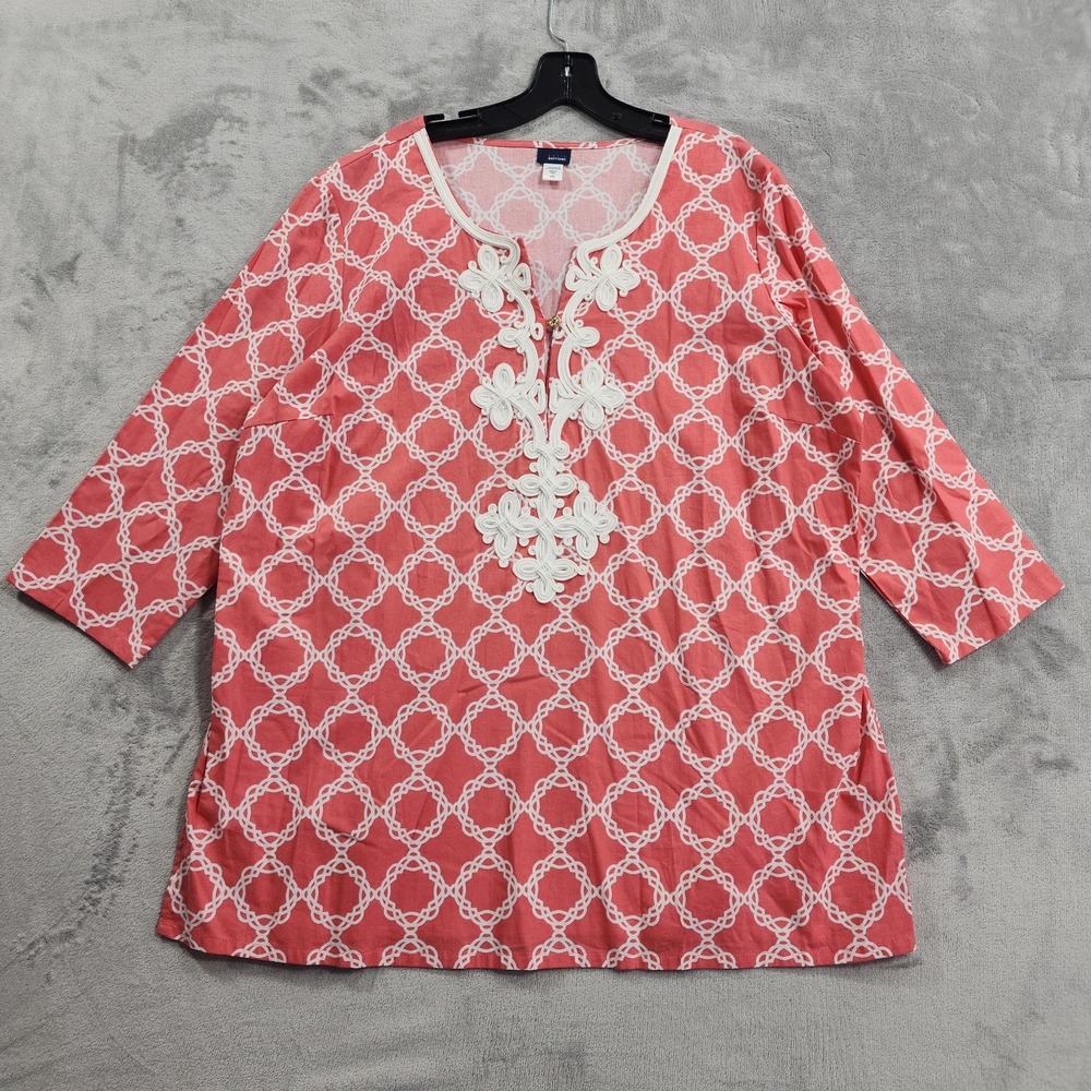 NEW Basic Editions Top Womens‎ XXL Pink Geometric Embroidered V-Neck 3/4 Sleeve